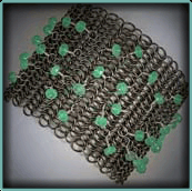 Wide Titanium European Maille Bracelet with Faceted Chrysoprase.  Titanium,   Sterling Silver, & Chysoprase.